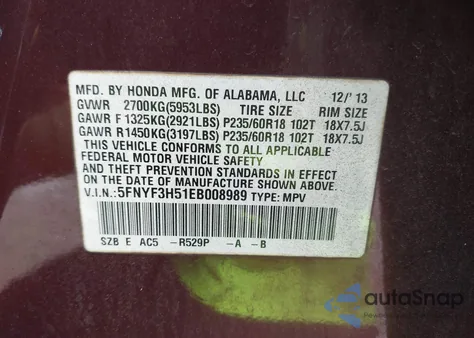 2014 Honda Pilot Ex-L from USA, damaged, VIN 5FNYF3H51EB008989
